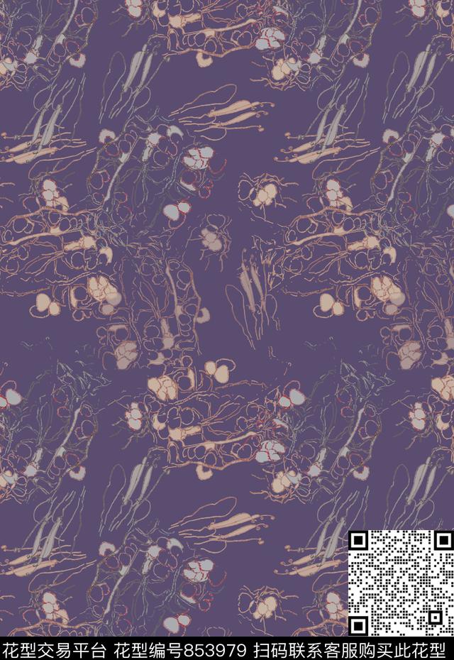 手绘线条笔触迷彩花卉抽象图案传统印花华亿平台下载（图片编号: 853979） - 瓦栏（Walan）