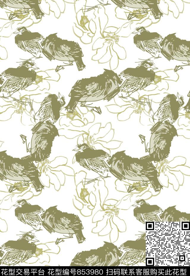 手绘线条笔触鸟昆虫图案八哥鸟组合传统印花华亿平台下载（图片编号: 853980） - 瓦栏（Walan）