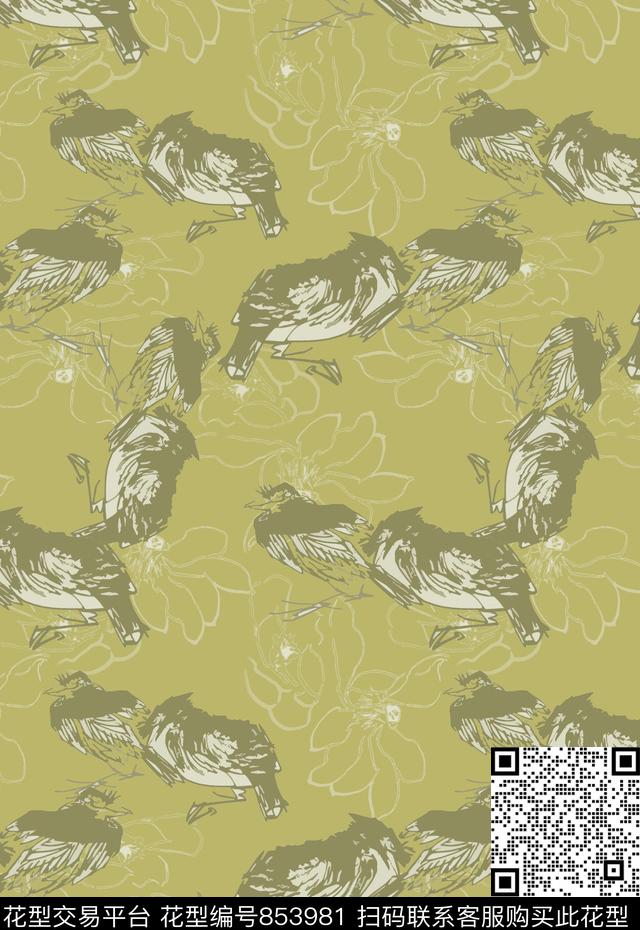 手绘线条笔触鸟昆虫图案八哥鸟组合传统印花华亿平台下载（图片编号: 853981） - 瓦栏（Walan）