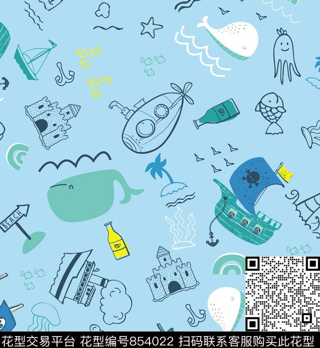 卡通海洋轮船鱼数码印花华亿平台下载（图片编号: 854022） - 瓦栏（Walan）