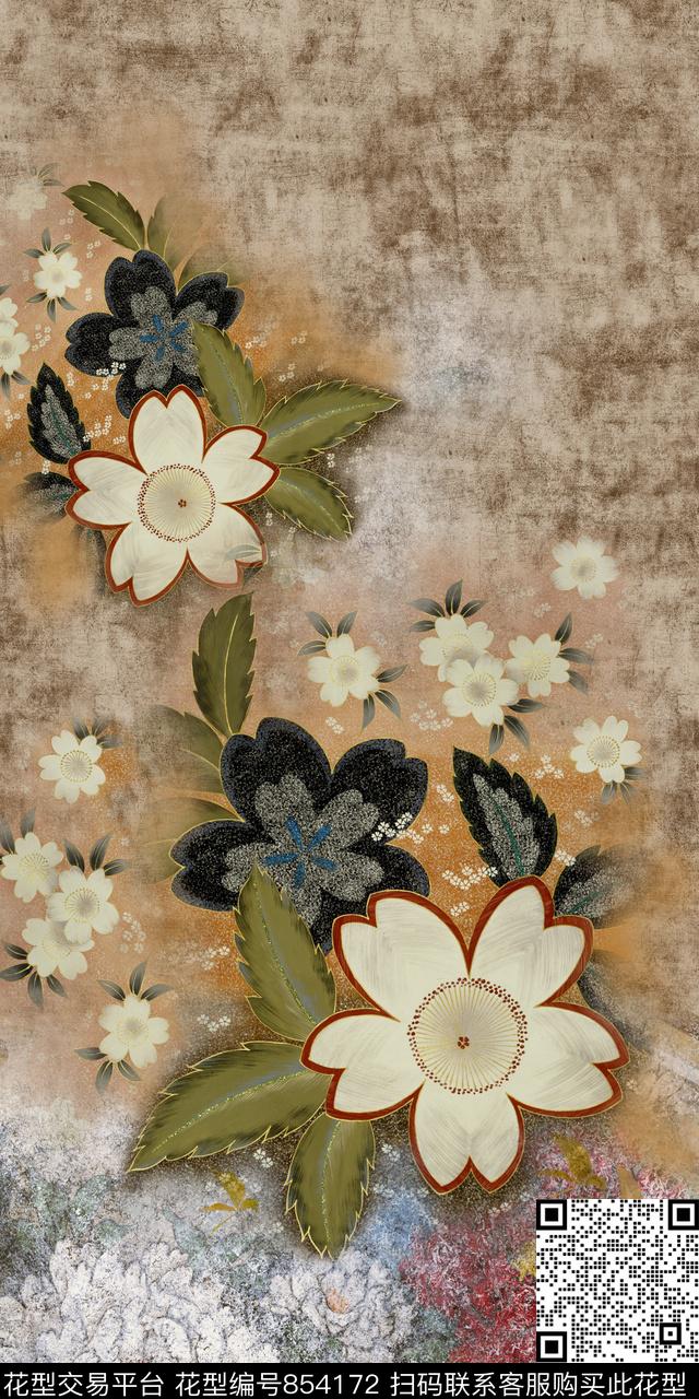 肌理中国风花卉数码印花华亿平台下载（图片编号: 854172） - 瓦栏（Walan）
