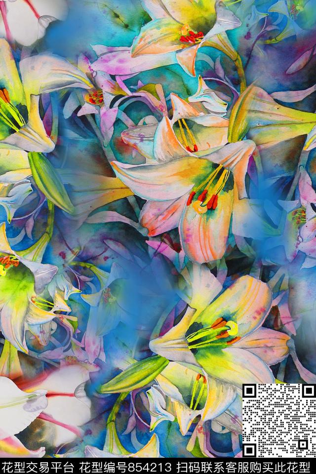 水彩花卉百合数码印花华亿平台下载（图片编号: 854213） - 瓦栏（Walan）