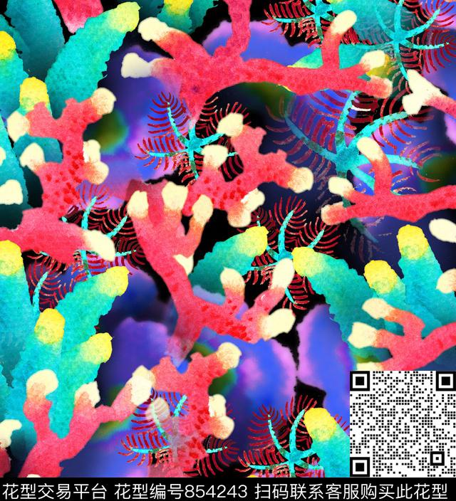 花卉热带鱼珊瑚数码印花华亿平台下载（图片编号: 854243） - 瓦栏（Walan）