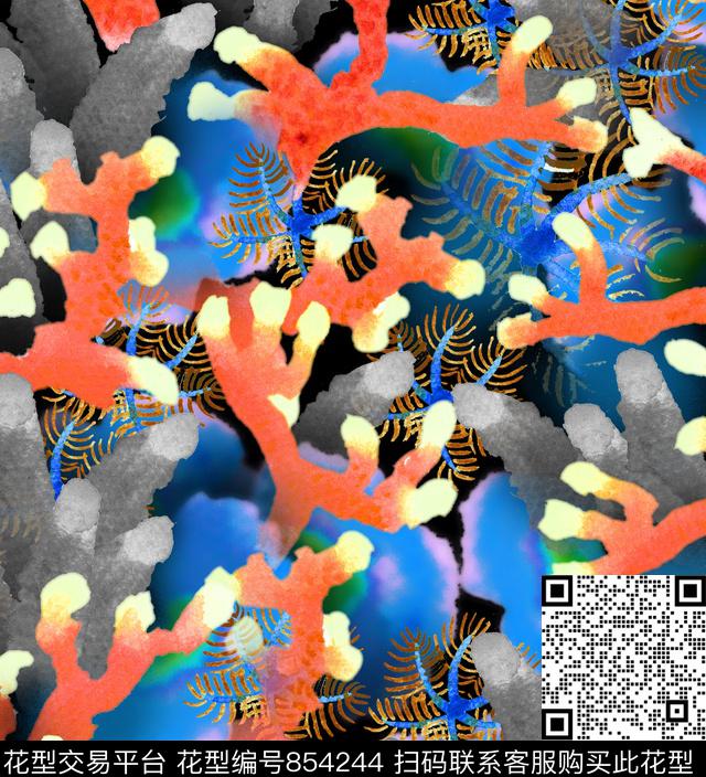 花卉热带鱼珊瑚数码印花华亿平台下载（图片编号: 854244） - 瓦栏（Walan）
