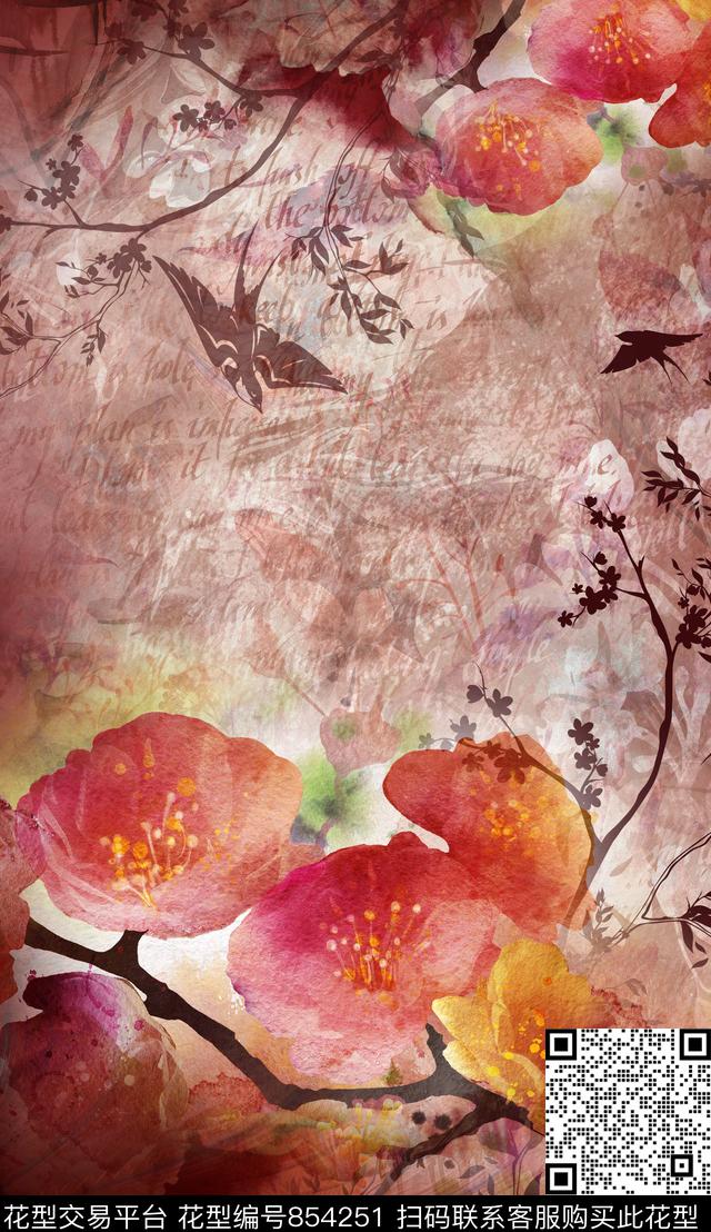 花卉破碎花朵朦胧数码印花华亿平台下载（图片编号: 854251） - 瓦栏（Walan）