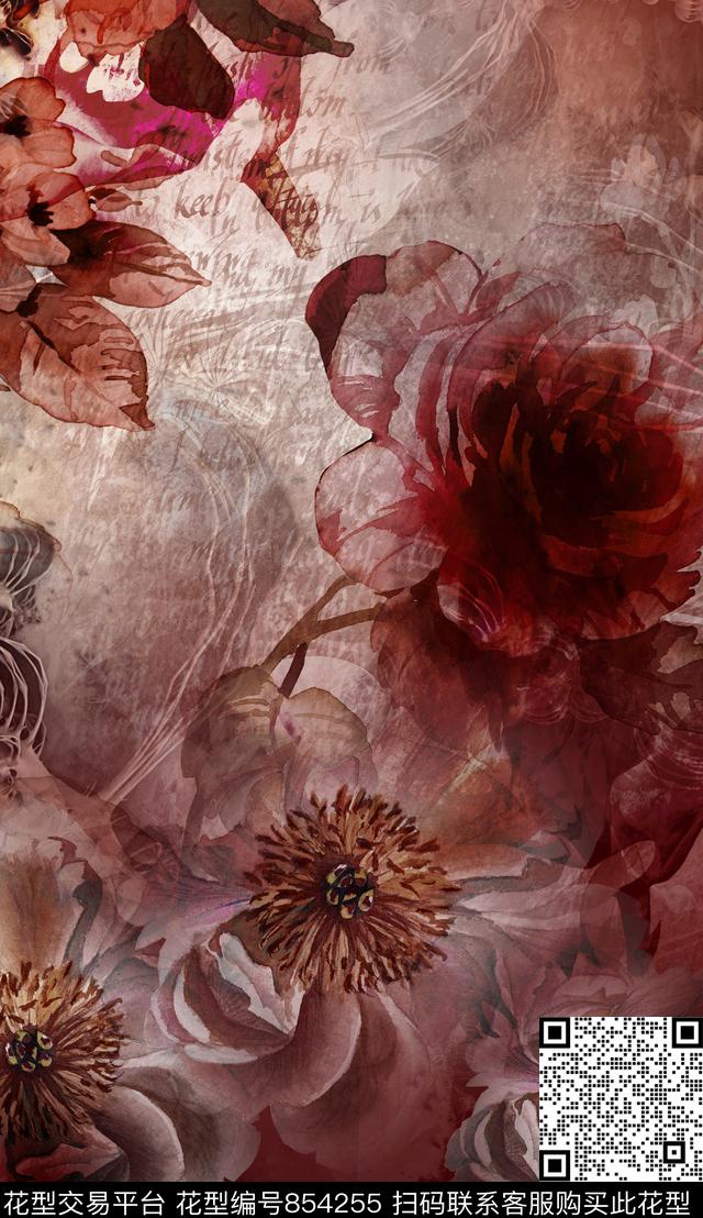 花卉破碎花朵朦胧数码印花华亿平台下载（图片编号: 854255） - 瓦栏（Walan）