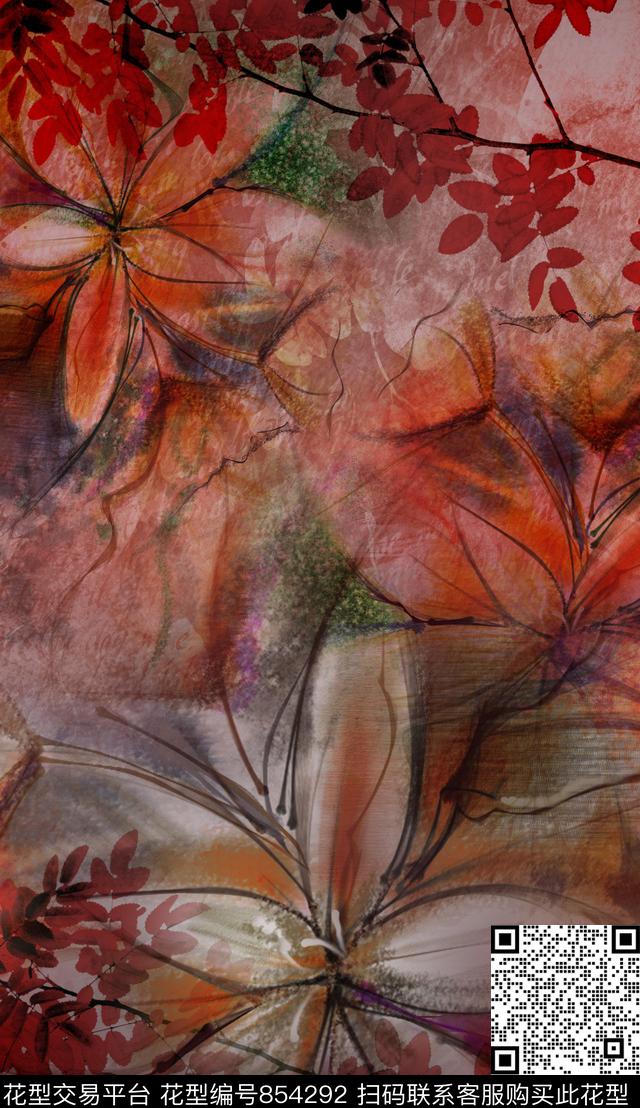 花卉破碎花朵朦胧数码印花华亿平台下载（图片编号: 854292） - 瓦栏（Walan）