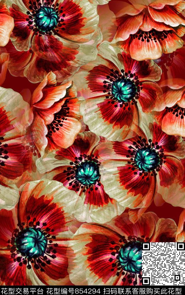 大花花朵花卉数码印花华亿平台下载（图片编号: 854294） - 瓦栏（Walan）