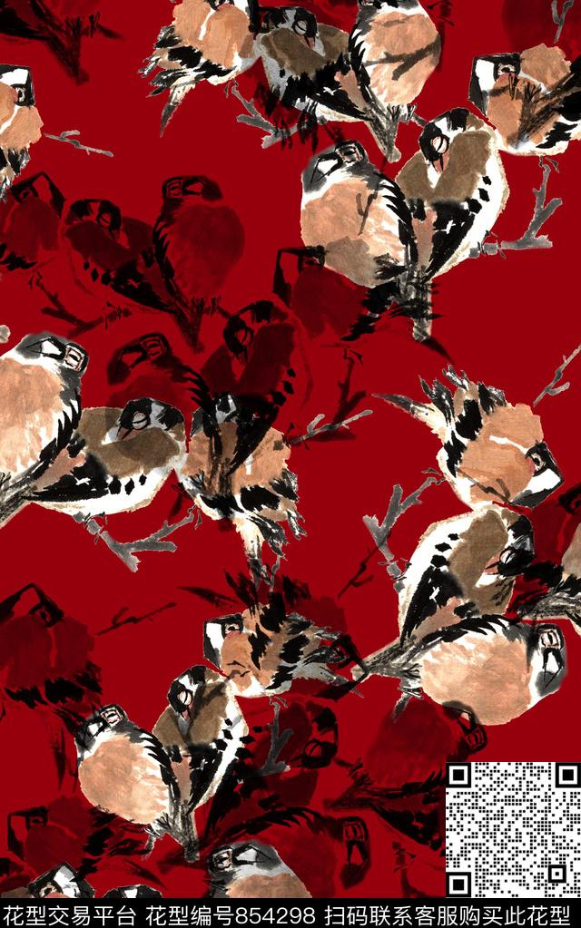 水墨画中国风花鸟数码印花华亿平台下载（图片编号: 854298） - 瓦栏（Walan）