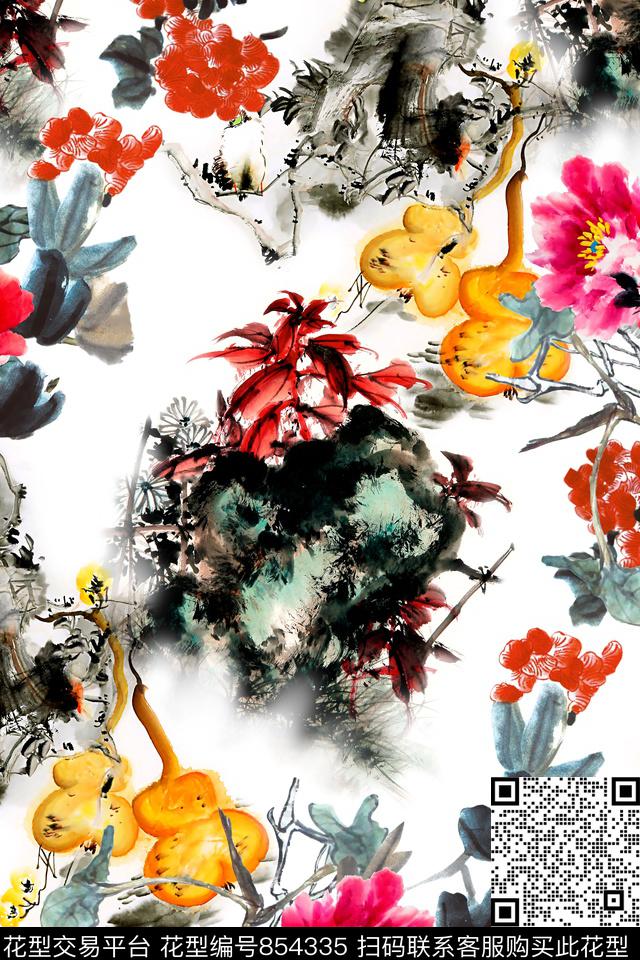 国画花中国风水墨风数码印花华亿平台下载（图片编号: 854335） - 瓦栏（Walan）