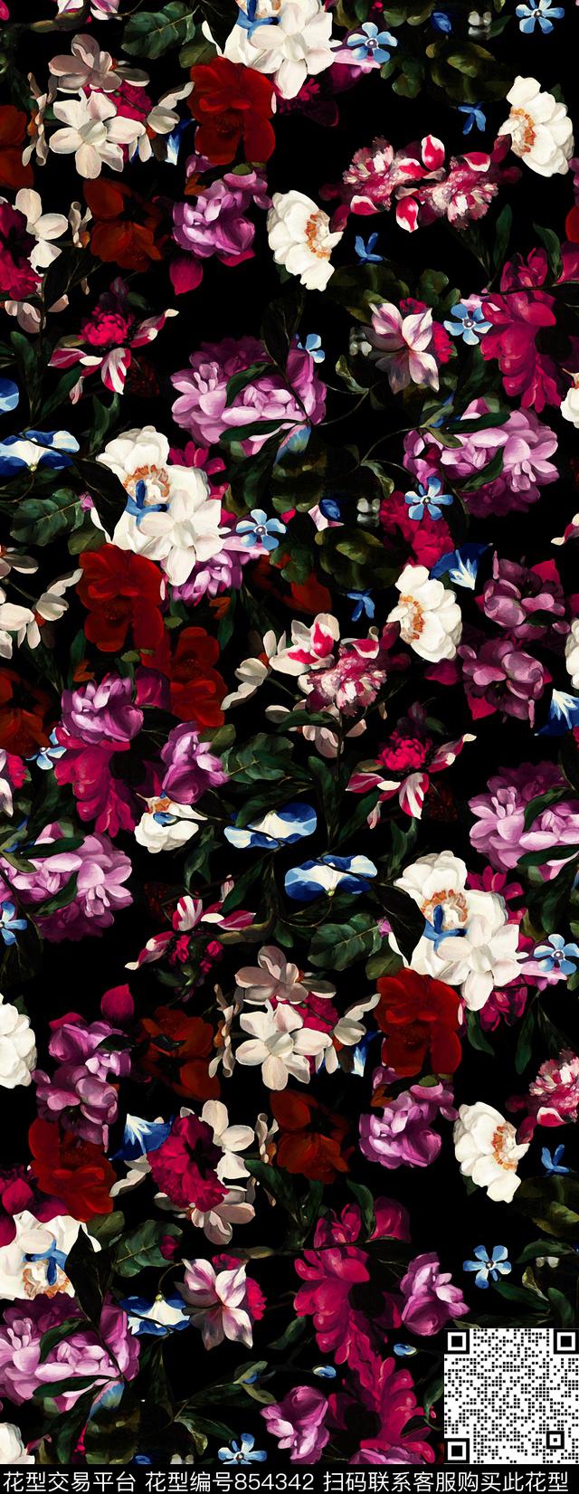 牡丹玫瑰花朵数码印花华亿平台下载（图片编号: 854342） - 瓦栏（Walan）