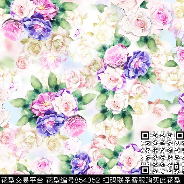 花卉玫瑰柔美数码印花华亿平台下载（图片编号: 854352） - 瓦栏（Walan）
