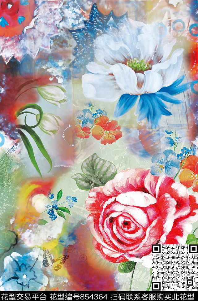 大花中国风花朵数码印花华亿平台下载（图片编号: 854364） - 瓦栏（Walan）