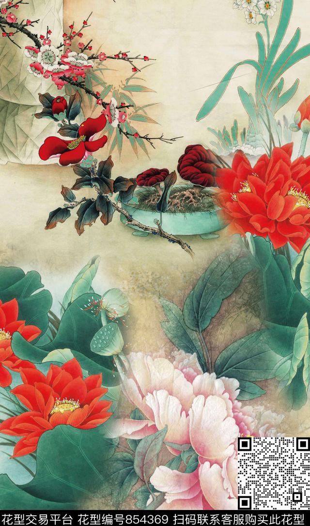 桃花荷花花鸟数码印花华亿平台下载（图片编号: 854369） - 瓦栏（Walan）
