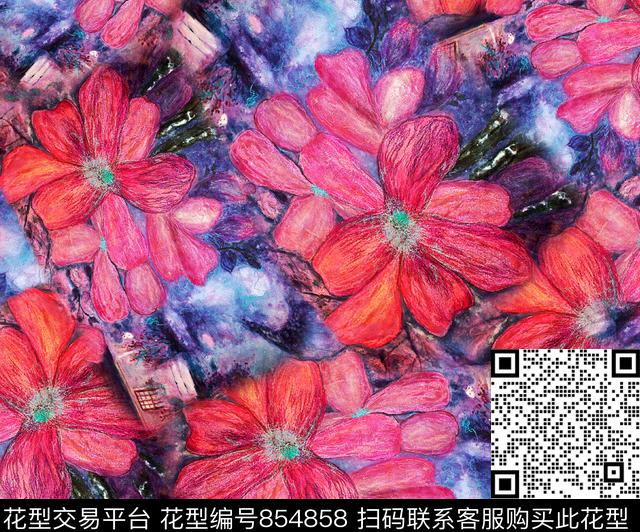 油画花卉大花数码印花华亿平台下载（图片编号: 854858） - 瓦栏（Walan）