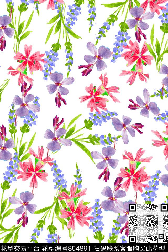笔触手绘花卉数码印花华亿平台下载（图片编号: 854891） - 瓦栏（Walan）