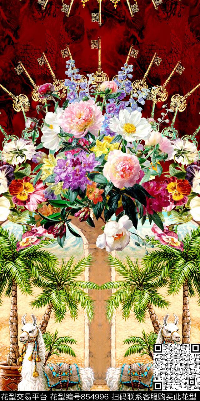 时尚花卉钥匙数码印花华亿平台下载（图片编号: 854996） - 瓦栏（Walan）