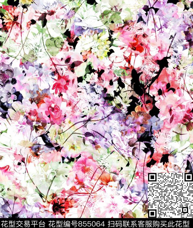 大花花朵清新数码印花华亿平台下载（图片编号: 855064） - 瓦栏（Walan）