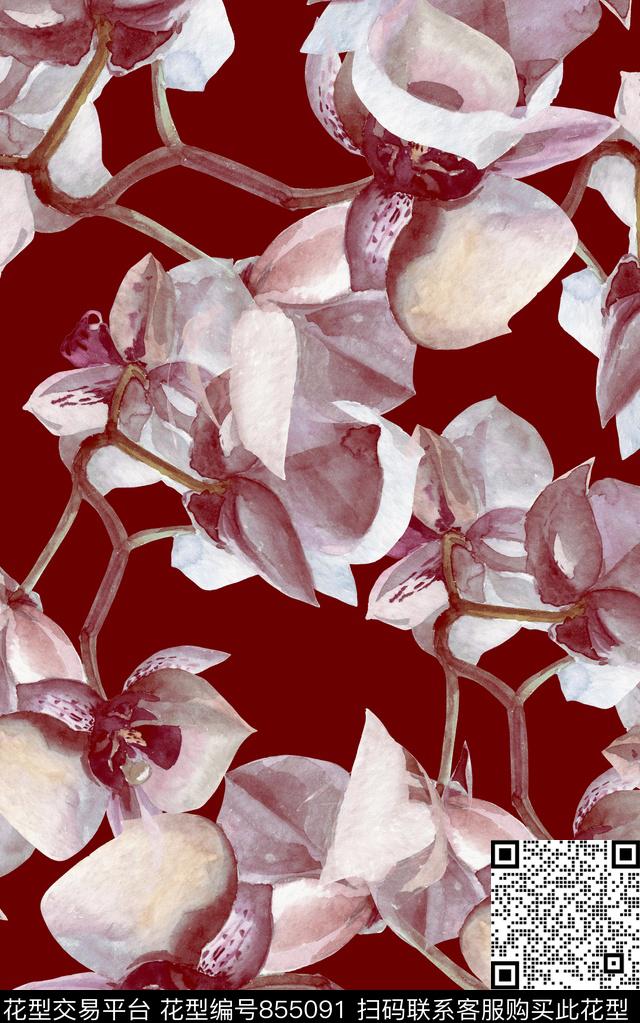 花朵大花花卉数码印花华亿平台下载（图片编号: 855091） - 瓦栏（Walan）