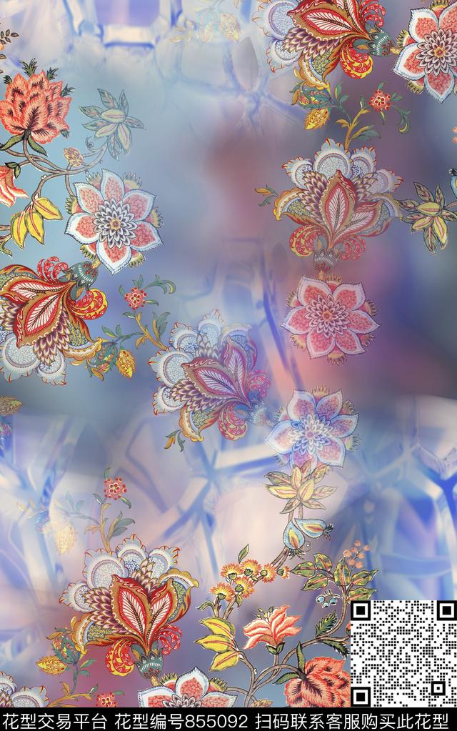 卷草纹小碎花民族风数码印花华亿平台下载（图片编号: 855092） - 瓦栏（Walan）