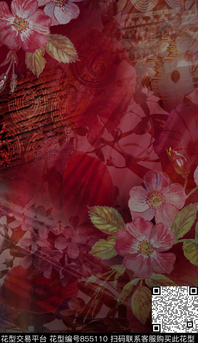 乱花民族风花卉数码印花华亿平台下载（图片编号: 855110） - 瓦栏（Walan）