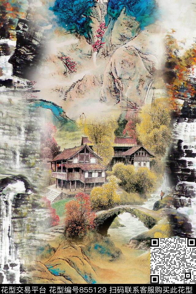 中国风民族风1/2跳接数码印花华亿平台下载（图片编号: 855129） - 瓦栏（Walan）