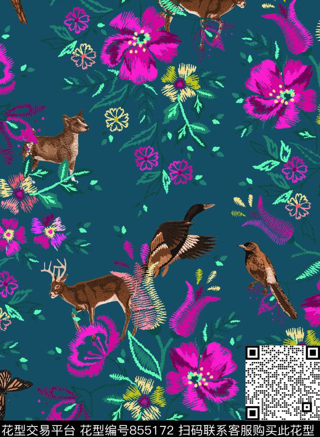 格子花朵花卉数码印花华亿平台下载（图片编号: 855172） - 瓦栏（Walan）
