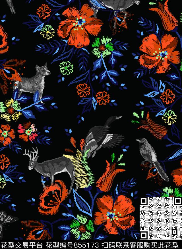 格子花朵花卉数码印花华亿平台下载（图片编号: 855173） - 瓦栏（Walan）
