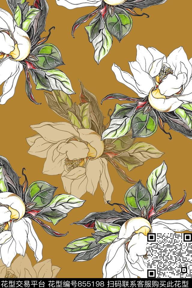 手绘花卉大花乱花复古数码印花华亿平台下载（图片编号: 855198） - 瓦栏（Walan）
