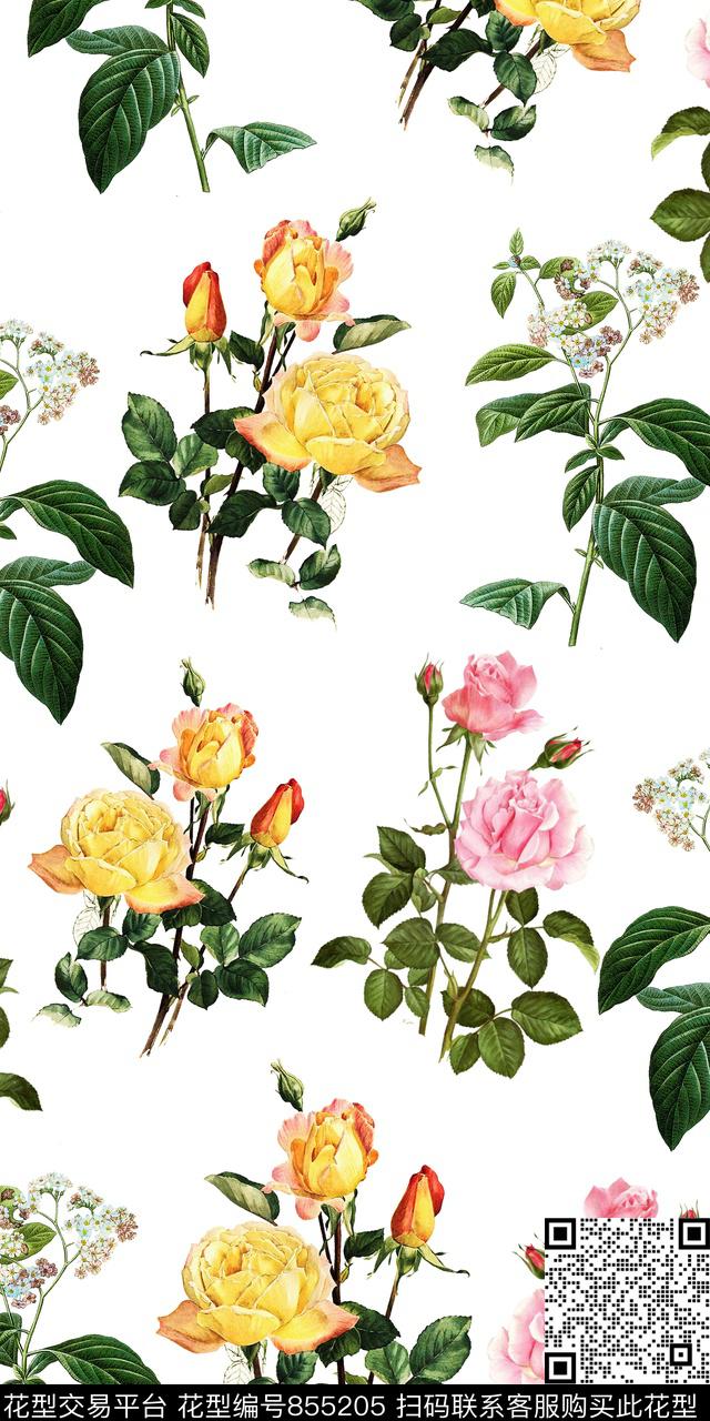 玫瑰花卉满版散花数码印花华亿平台下载（图片编号: 855205） - 瓦栏（Walan）