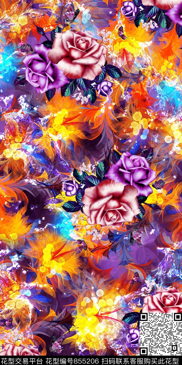 牡丹百合炫彩数码印花华亿平台下载（图片编号: 855206） - 瓦栏（Walan）