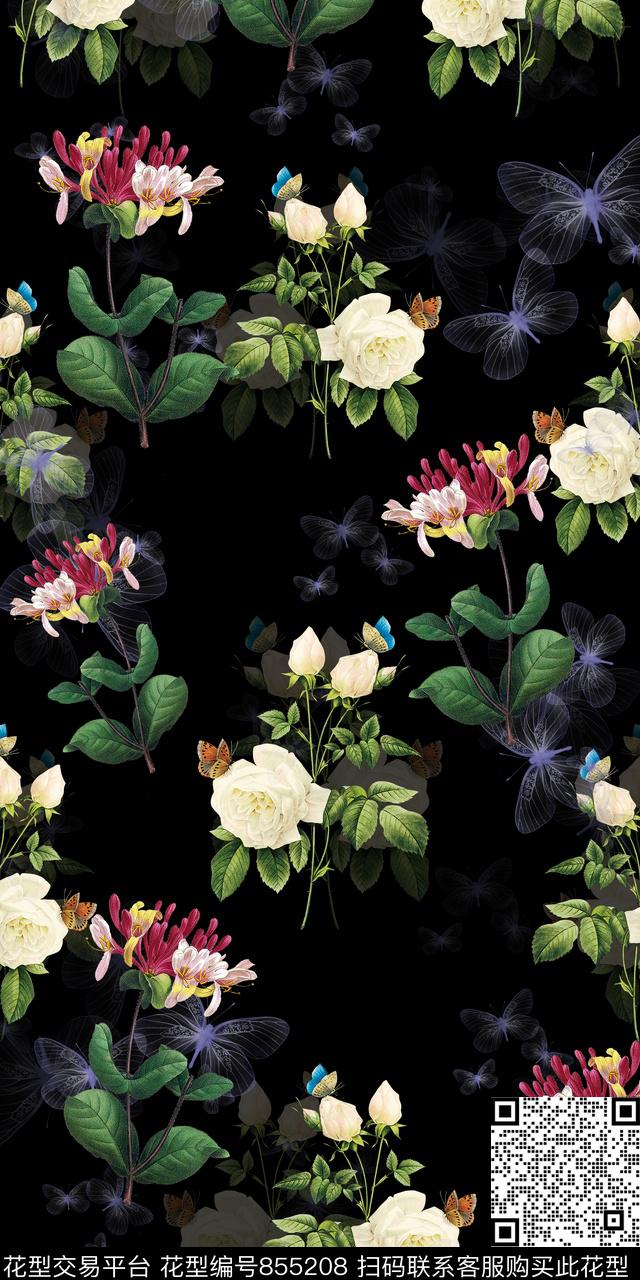 百合牡丹乱花数码印花华亿平台下载（图片编号: 855208） - 瓦栏（Walan）