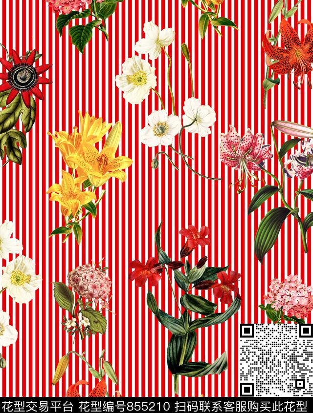 复古植物条纹绣球花数码印花华亿平台下载（图片编号: 855210） - 瓦栏（Walan）
