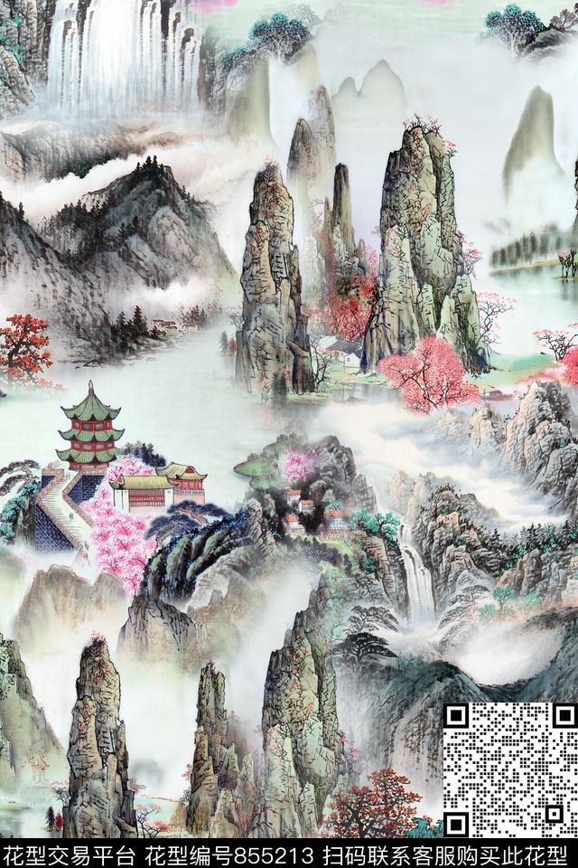 中国风民族风1/2跳接数码印花华亿平台下载（图片编号: 855213） - 瓦栏（Walan）