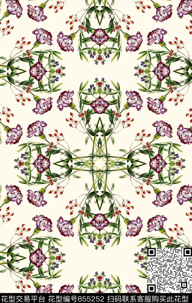 对翻植物花卉数码印花华亿平台下载（图片编号: 855252） - 瓦栏（Walan）