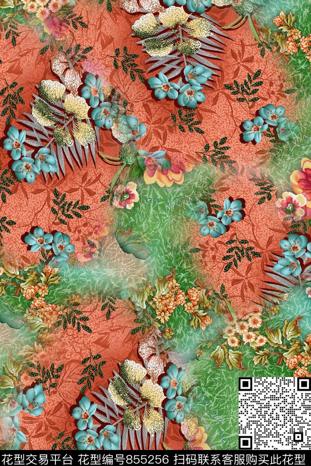 外贸红绿搭配数码印花华亿平台下载（图片编号: 855256） - 瓦栏（Walan）