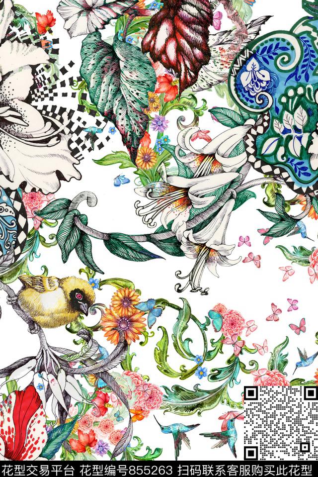 热带绿叶植物数码印花华亿平台下载（图片编号: 855263） - 瓦栏（Walan）