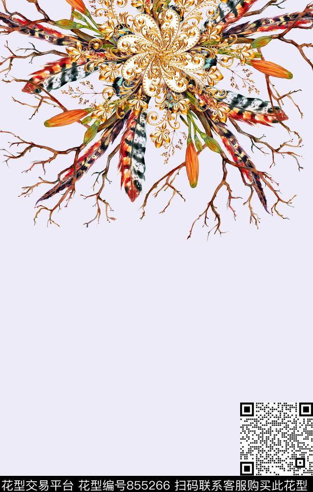 定位树枝羽毛数码印花华亿平台下载（图片编号: 855266） - 瓦栏（Walan）