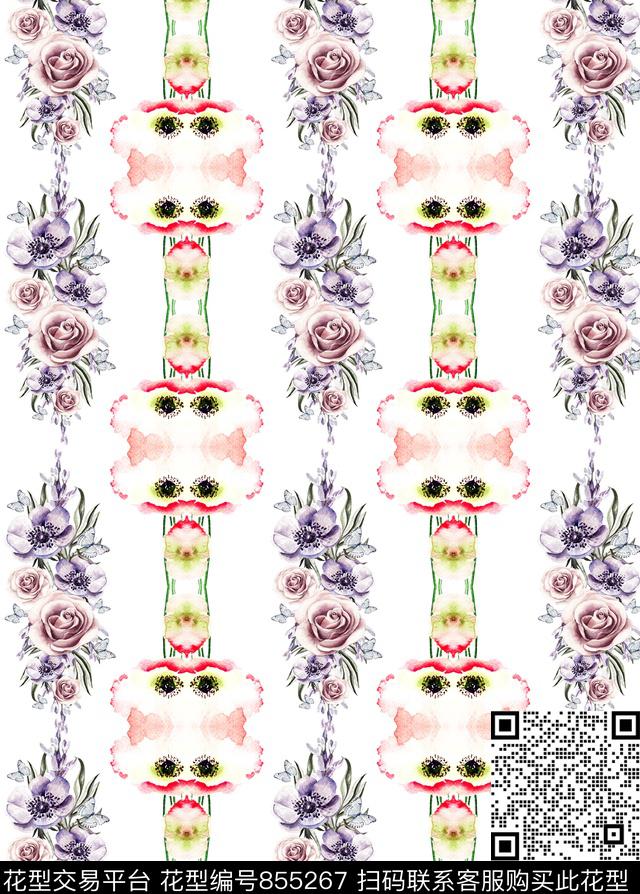手绘对翻花卉数码印花华亿平台下载（图片编号: 855267） - 瓦栏（Walan）