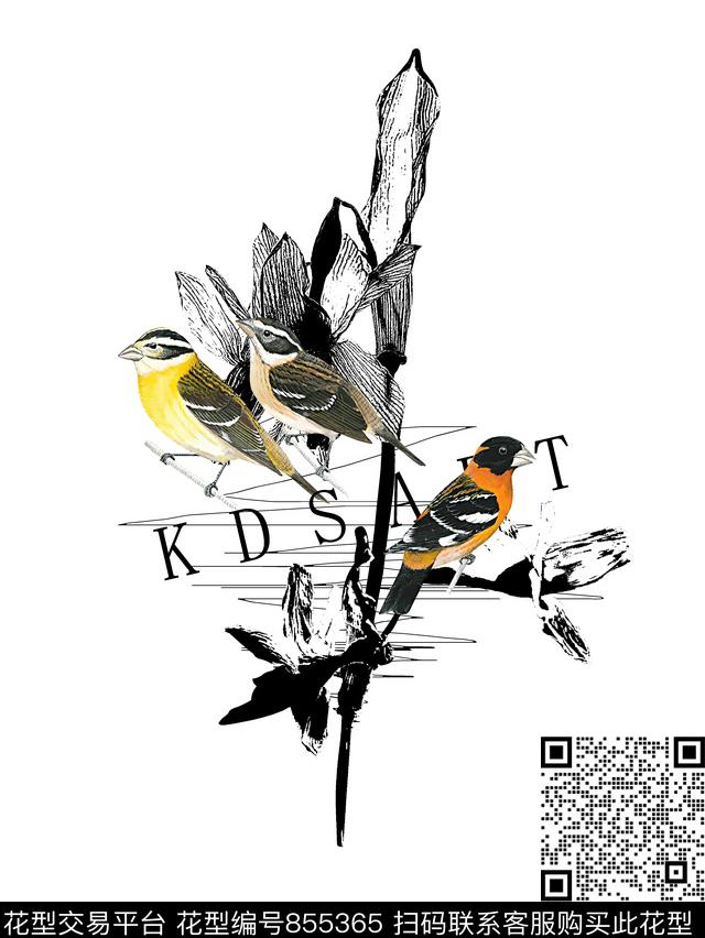 树叶鸟线条纹理数码印花华亿平台下载（图片编号: 855365） - 瓦栏（Walan）