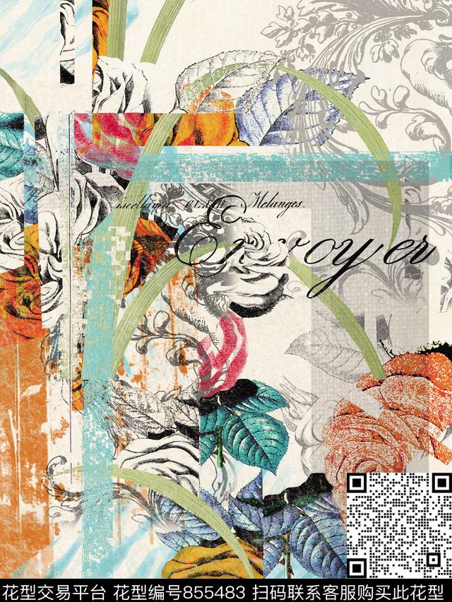 花卉多彩叶子数码印花华亿平台下载（图片编号: 855483） - 瓦栏（Walan）