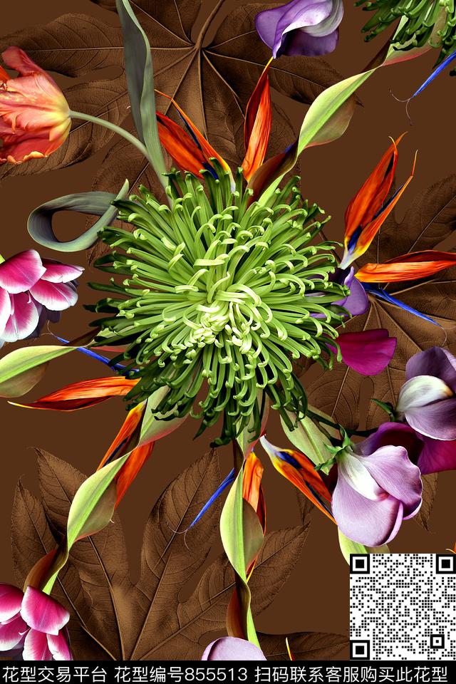 时尚手绘花卉数码印花华亿平台下载（图片编号: 855513） - 瓦栏（Walan）