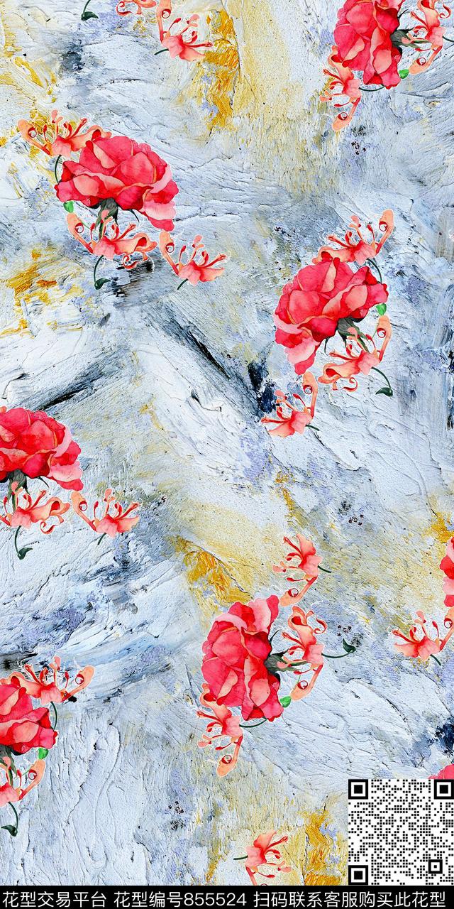 大花玫瑰花朵数码印花华亿平台下载（图片编号: 855524） - 瓦栏（Walan）