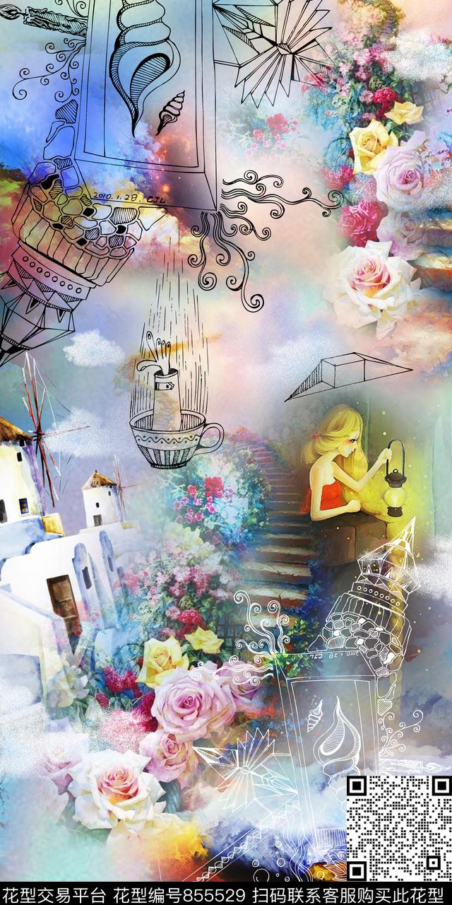 绿叶花朵花卉数码印花华亿平台下载（图片编号: 855529） - 瓦栏（Walan）