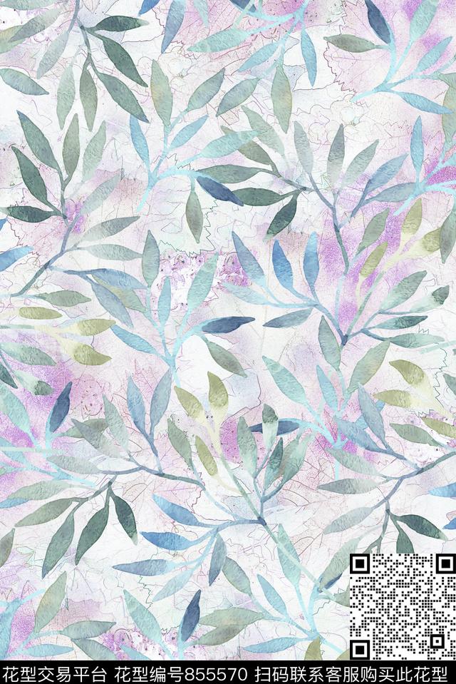 手绘花叶叶子底纹数码印花华亿平台下载（图片编号: 855570） - 瓦栏（Walan）