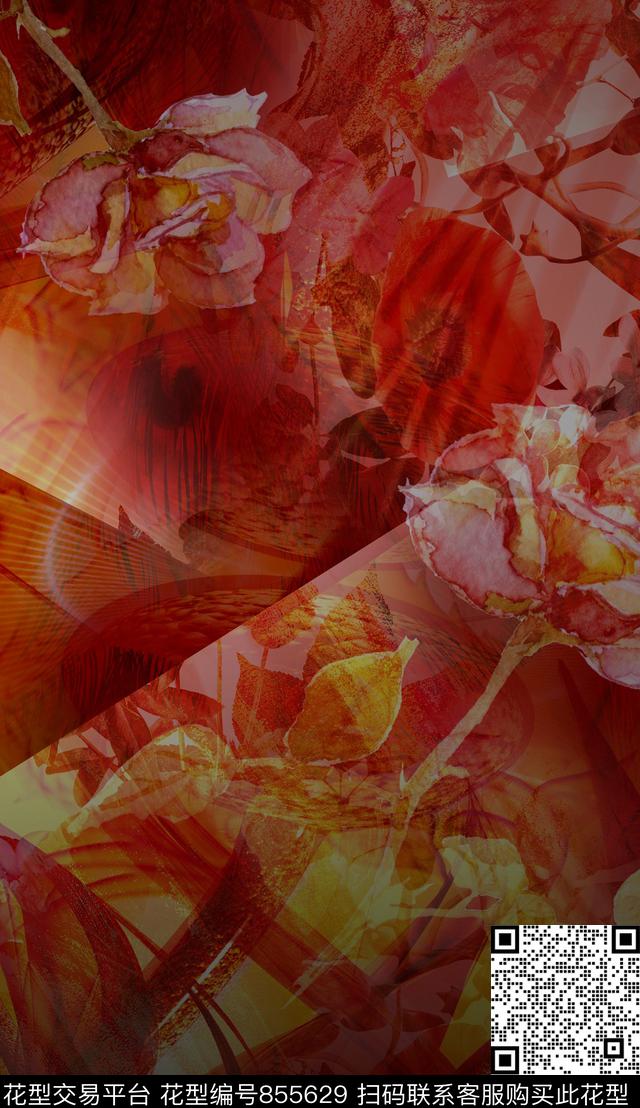 水彩渐变花卉数码印花华亿平台下载（图片编号: 855629） - 瓦栏（Walan）