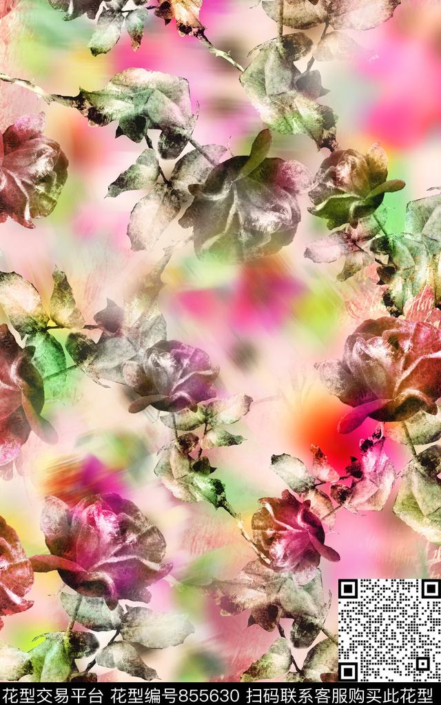 大花花朵水彩数码印花华亿平台下载（图片编号: 855630） - 瓦栏（Walan）