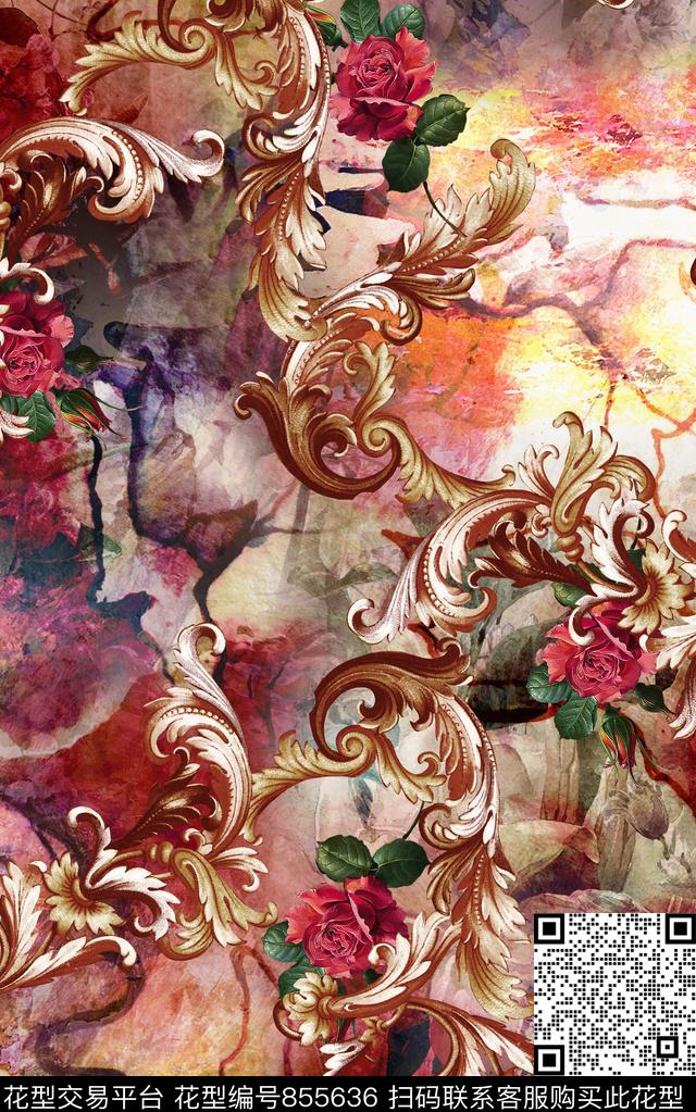 卷草纹欧式花朵数码印花华亿平台下载（图片编号: 855636） - 瓦栏（Walan）