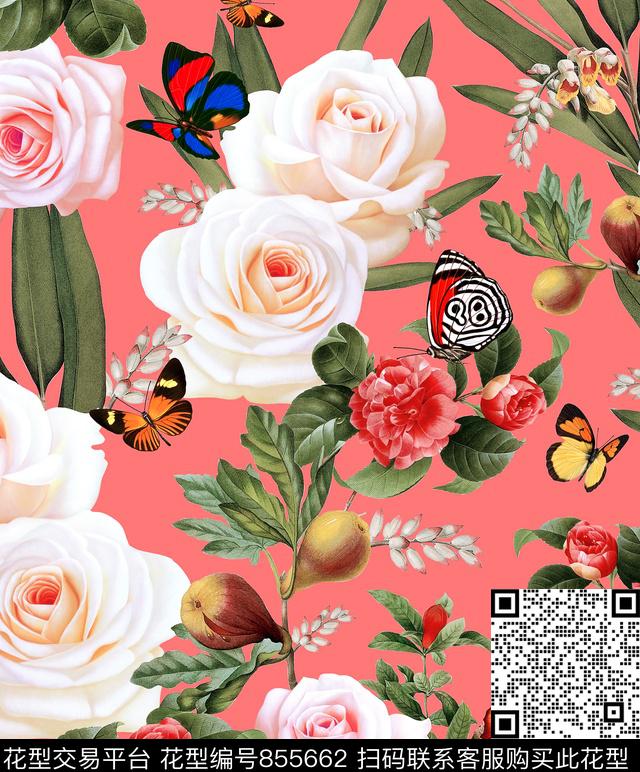 花卉植物花卉花与蝴蝶数码印花华亿平台下载（图片编号: 855662） - 瓦栏（Walan）