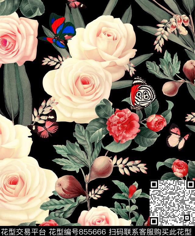 花卉植物花卉花与蝴蝶数码印花华亿平台下载（图片编号: 855666） - 瓦栏（Walan）